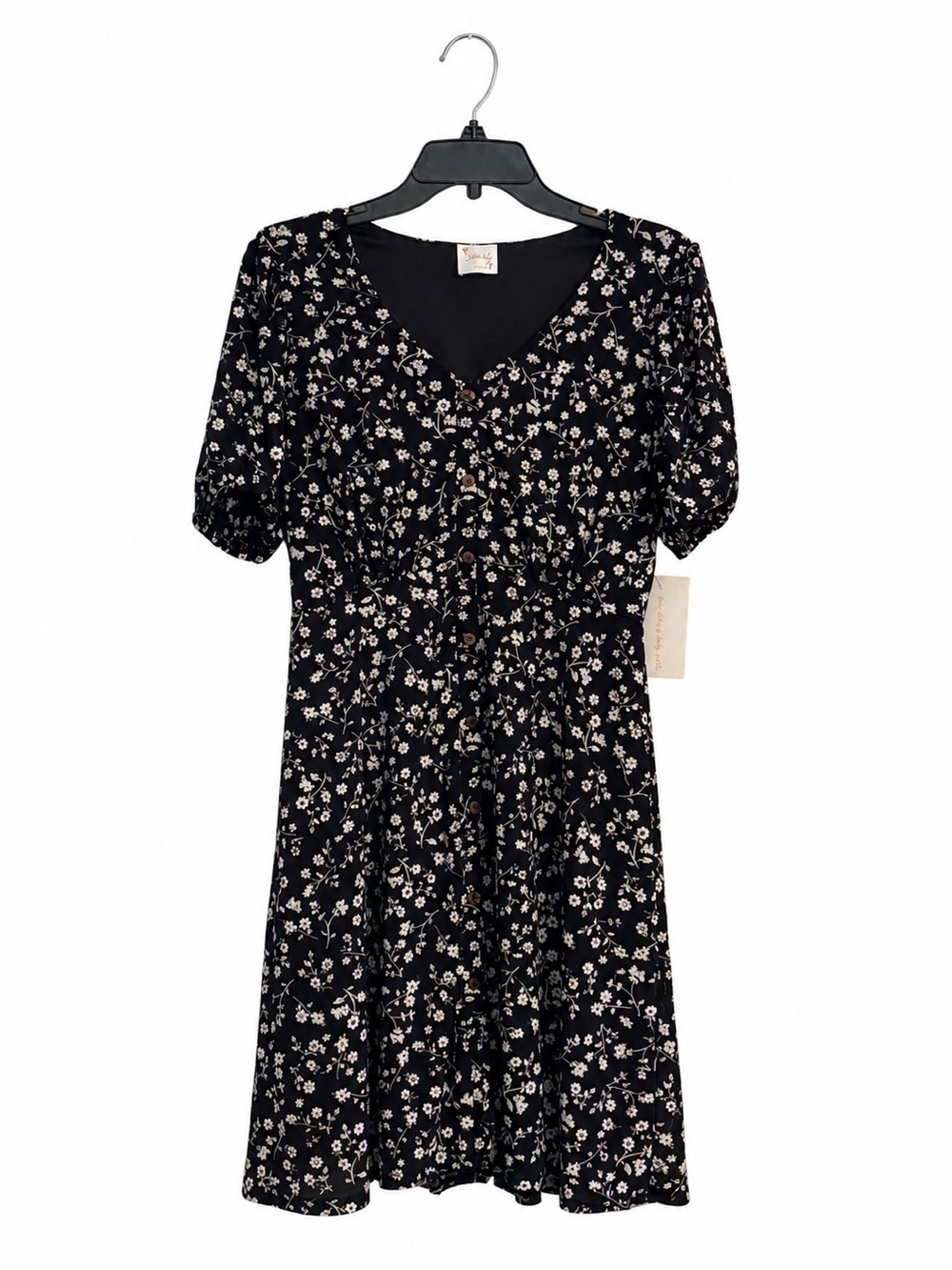 Siren Lily Black White Ditsy Floral Puff Sleeve V-Neck Midi Dress NWT Medium